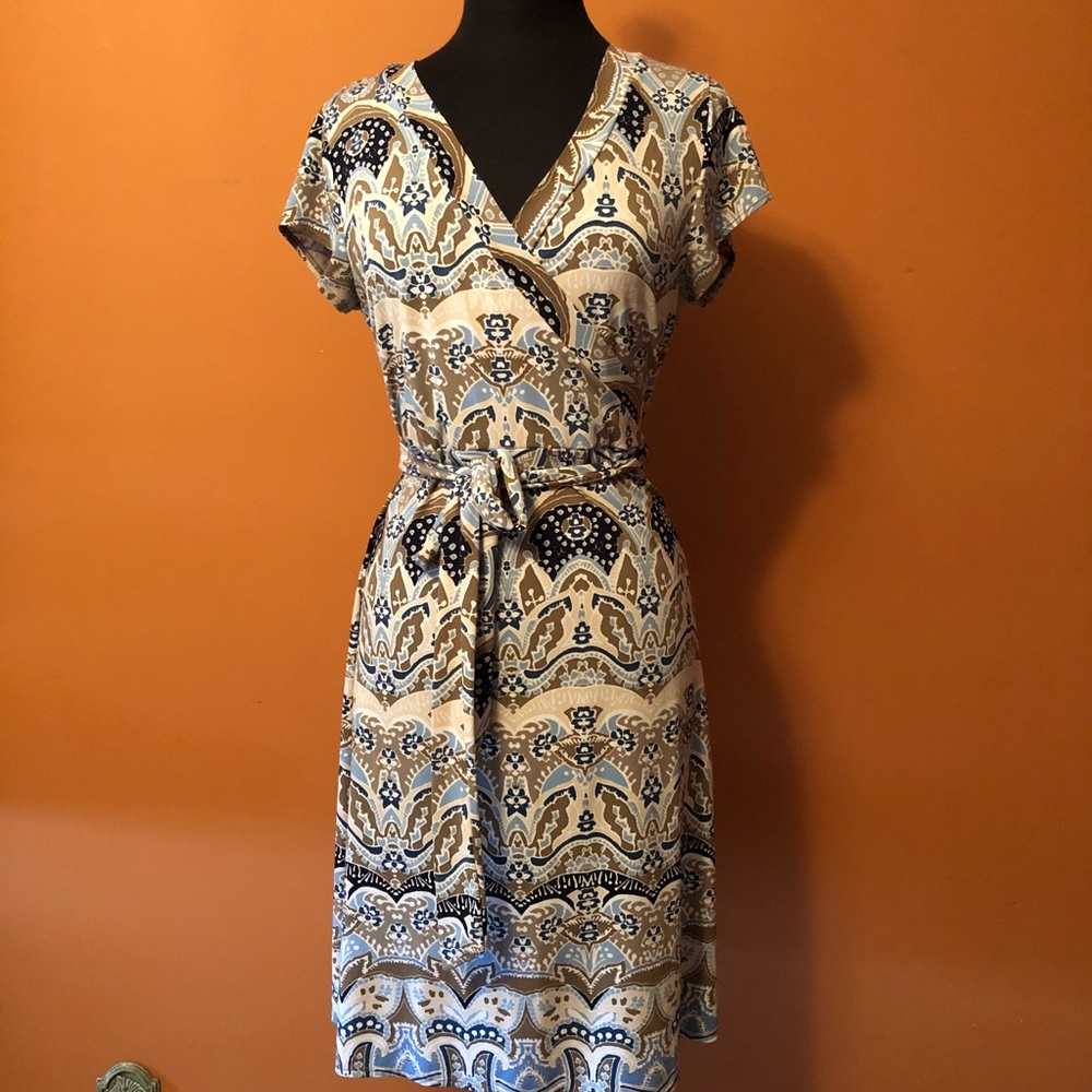 Short Sleeve Faux Wrap Print Dress